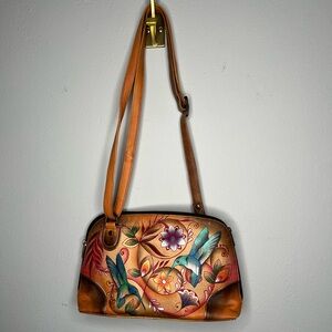 Anuschka Hand Painted Genuine Leather Hummingbird & Butterfly Purse with Strap